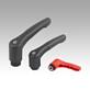 Clamping levers, plastic with internal thread and safety function, thread insert stainless steel