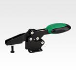 Toggle clamps horizontal with safety interlock with flat foot and adjustable clamping spindle