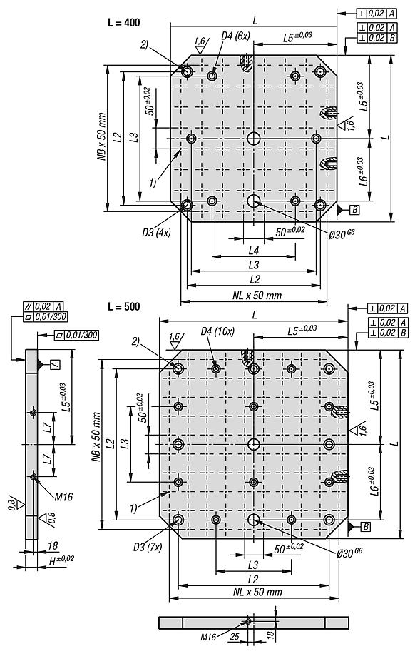 Subplates, grey cast iron with grid holes