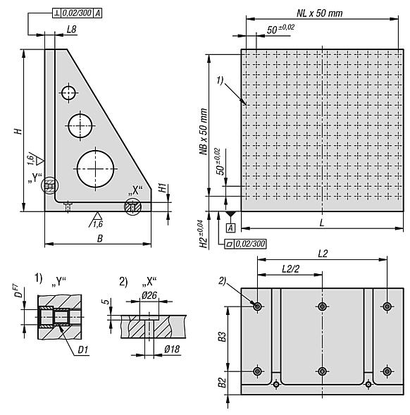 Angle plates, grey cast iron, wide with grid holes