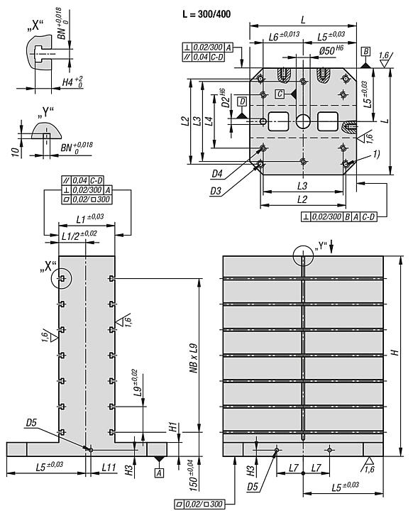 Tombstones, grey cast iron, double-sided, with T-slots