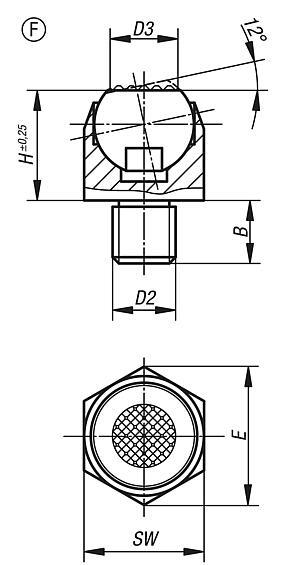 自适应球头端面，摆角为 12°，F 型，带外螺纹，平头顶珠，齿面