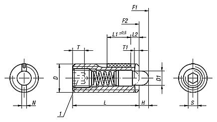 Spring plungers with hex socket and POM thrust pin, stainless steel, with thread lock