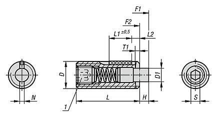 Spring plungers with hex socket and flat thrust pin, stainless steel, with thread lock