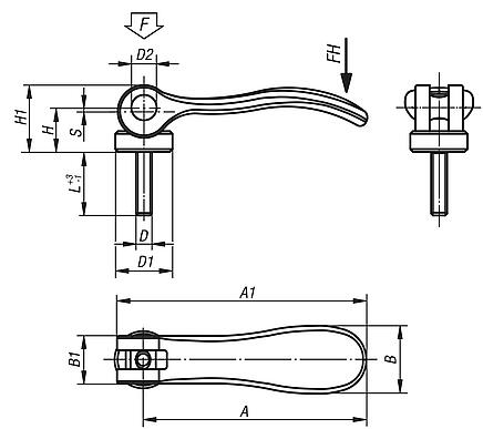 Cam levers, aluminium with external thread, plastic thrust washer and steel or stainless steel stud