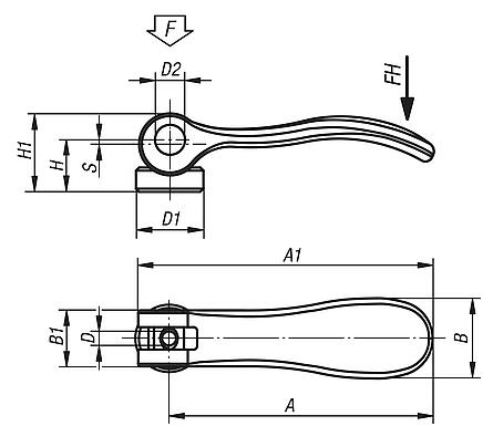 Cam levers, aluminium with internal thread, plastic thrust washer