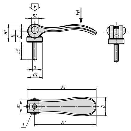 Cam levers, aluminium, adjustable with external thread, plastic thrust washer and steel or stainless steel stud, inch