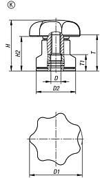 Star grips, plastic, Form K, with clamping force intensifier and tapped bush