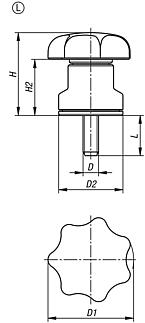 Plastic star grip, Form L, with clamping force intensifier and external thread