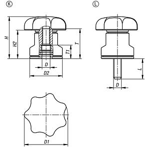 Star grips, plastic with clamping force intensifier