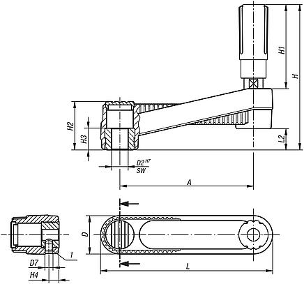 Crank handles with revolving cylinder grip, locating hole without slot