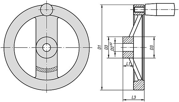 Handwheels 2-spoke, aluminium, flat wheel rim, revolving cylinder grip, inch