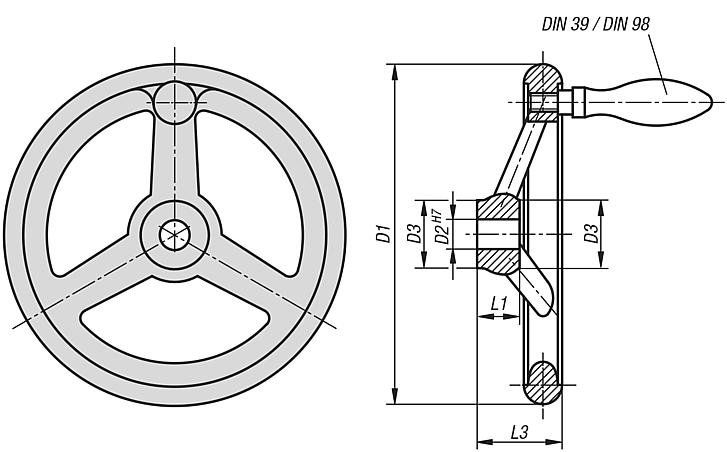 Handwheels DIN 950, aluminium, with revolving grip, inch