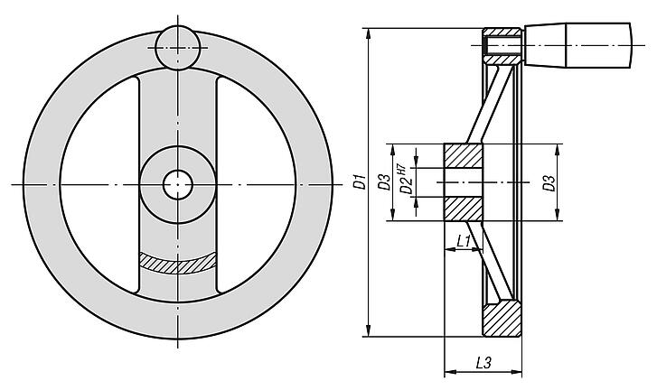 Handwheels 2-spoke, aluminium, flat wheel rim, inch