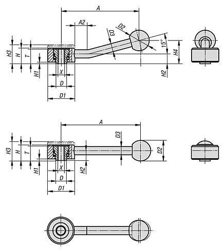 Tension levers flat with internal thread, inch