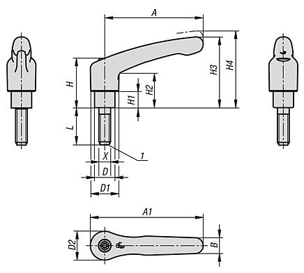 Clamping levers, die-cast zinc with external thread and long collar, threaded pin stainless steel