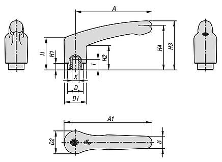 Clamping levers, plastic with internal thread and safety function, thread insert stainless steel