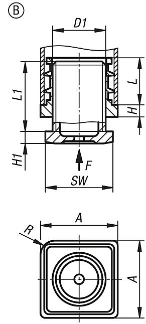 Adjustment plugs, plastic without inserts for round and square tubes, Form B, square