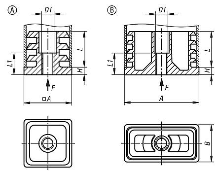 Plugs with tapped hole, plastic for square tubes