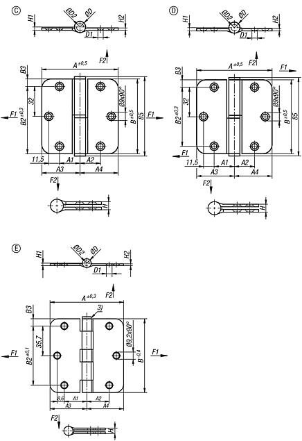 Strap hinges, steel or stainless steel