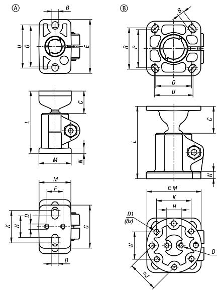 Tube clamps base, aluminum with ball joint