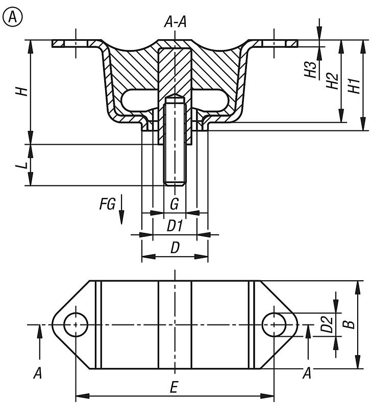 Rubber-metal overhead element, Form A, external thread