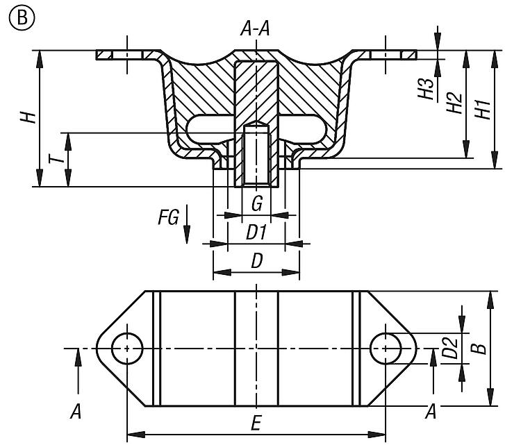 Rubber-metal overhead element, Form B, internal thread