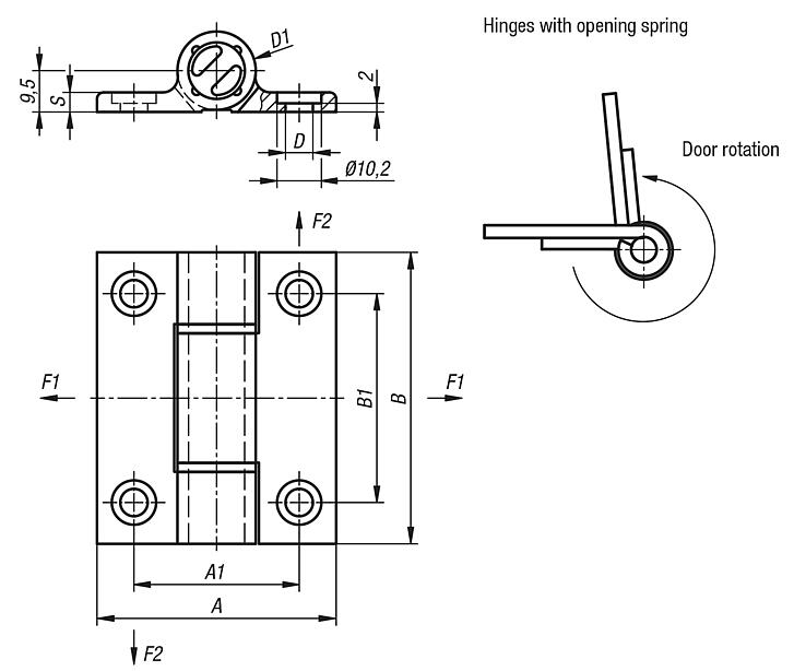 Spring hinges aluminium profile, 0.35 Nm, spring open