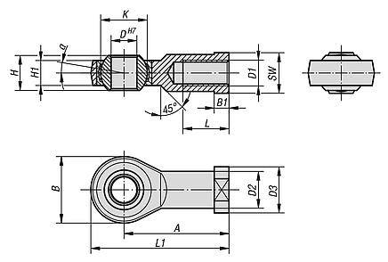 Rod ends with plain bearing internal thread, steel, DIN ISO 12240-1 maintenance-free