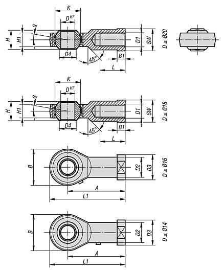 Rod ends with plain bearing internal thread, steel, DIN ISO 12240-1 can be re-lubricated