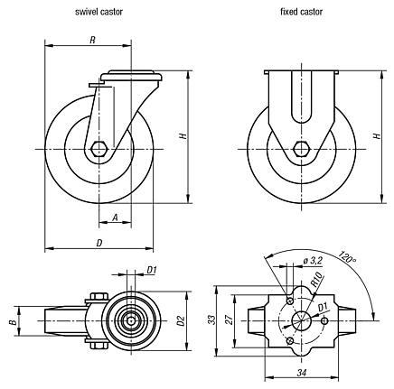 Swivel and fixed castors electrically conductive, standard version