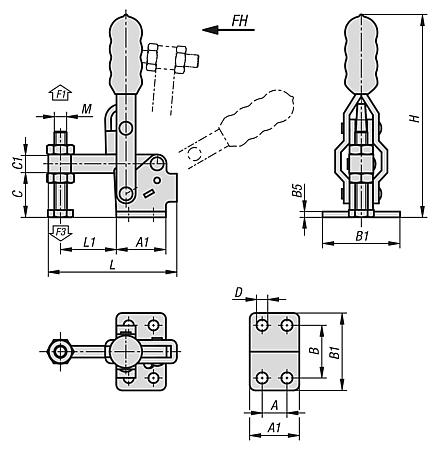 Toggle clamps mini vertical with flat foot and fixed clamping spindle